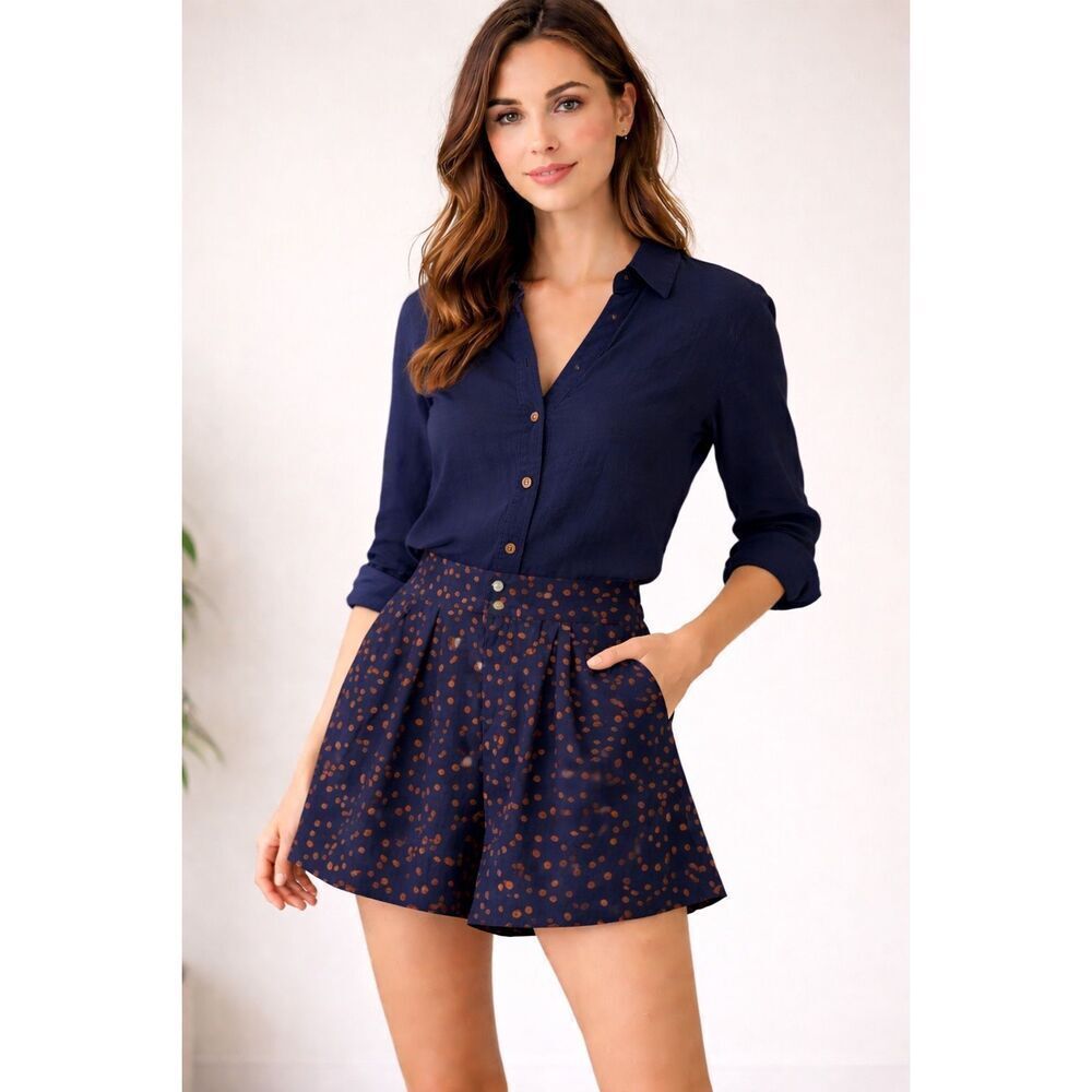 Costa Blanca Navy Polka Dot High Waist Pleated Shorts Women NWT